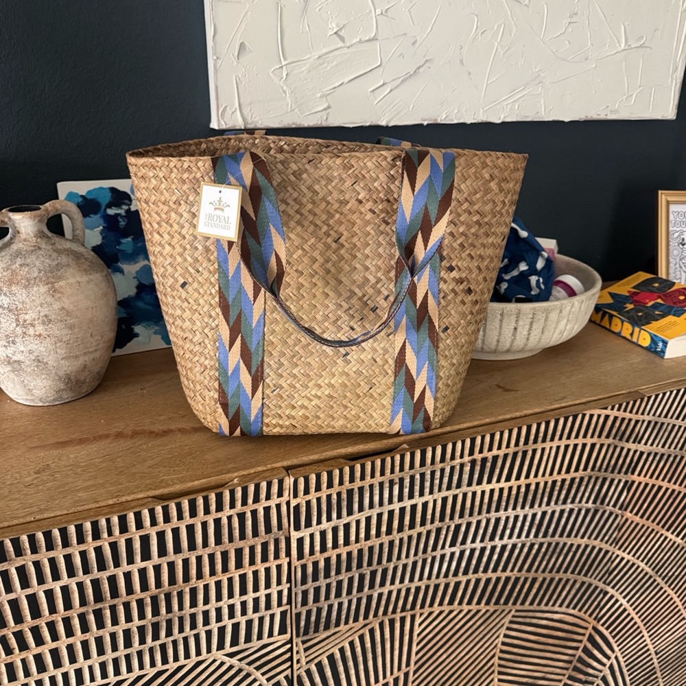 Elegant Woven Tote with Blue and Tan Straps